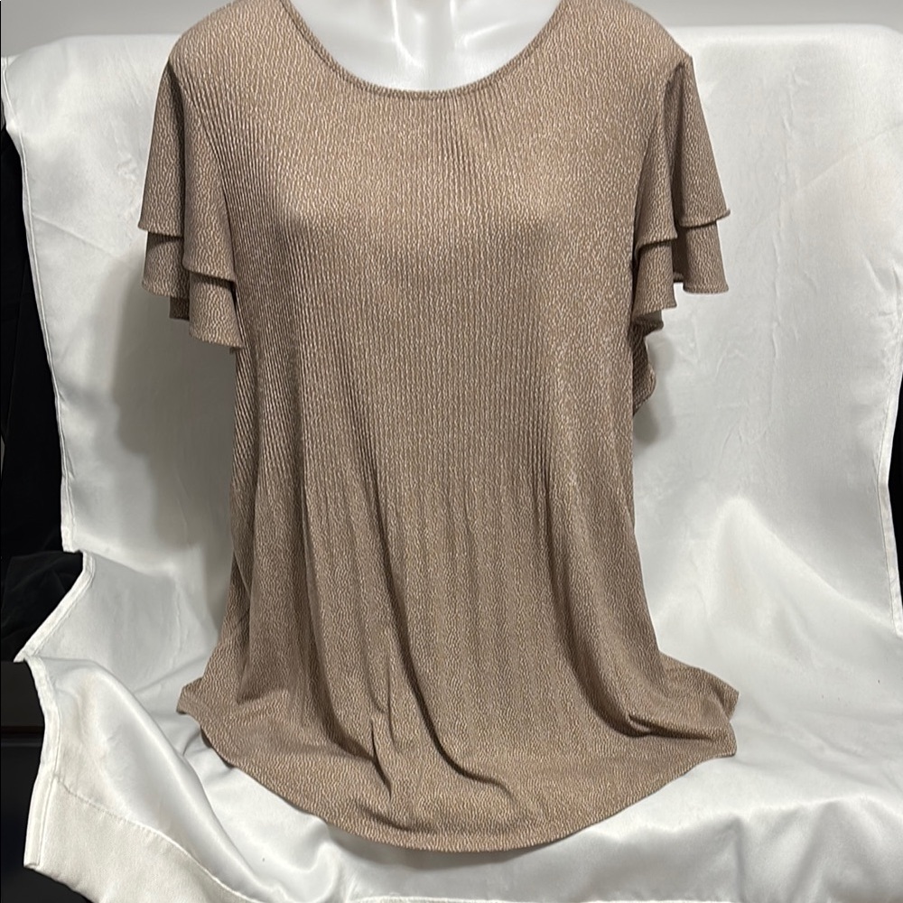 Adrianna Papell Tan Ruffled Flutter Sleeve Blouse